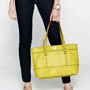 FOSSIL Vintage Mustard Yellow Leather HUNTER Shopper Tote Bag Purse Large